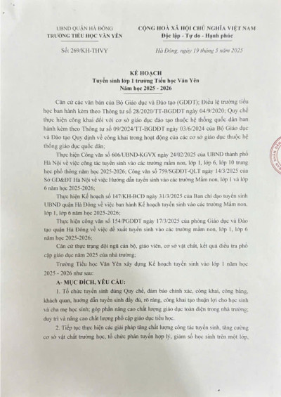 Kế hoạch tuyển sinh lớp 1 năm học 2025-2026